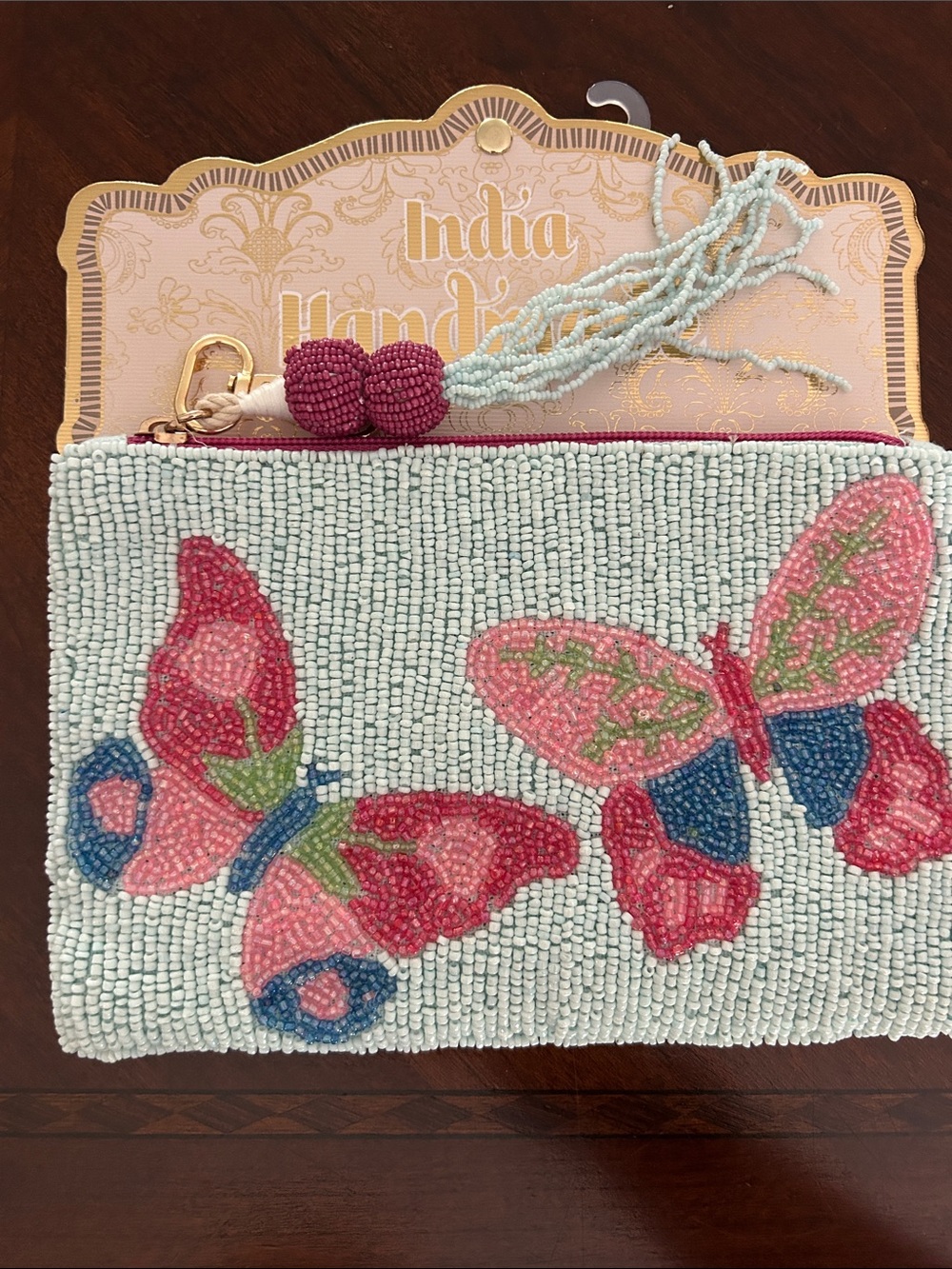 Beaded Butterfly Coin Purse - Pink & Light Blue